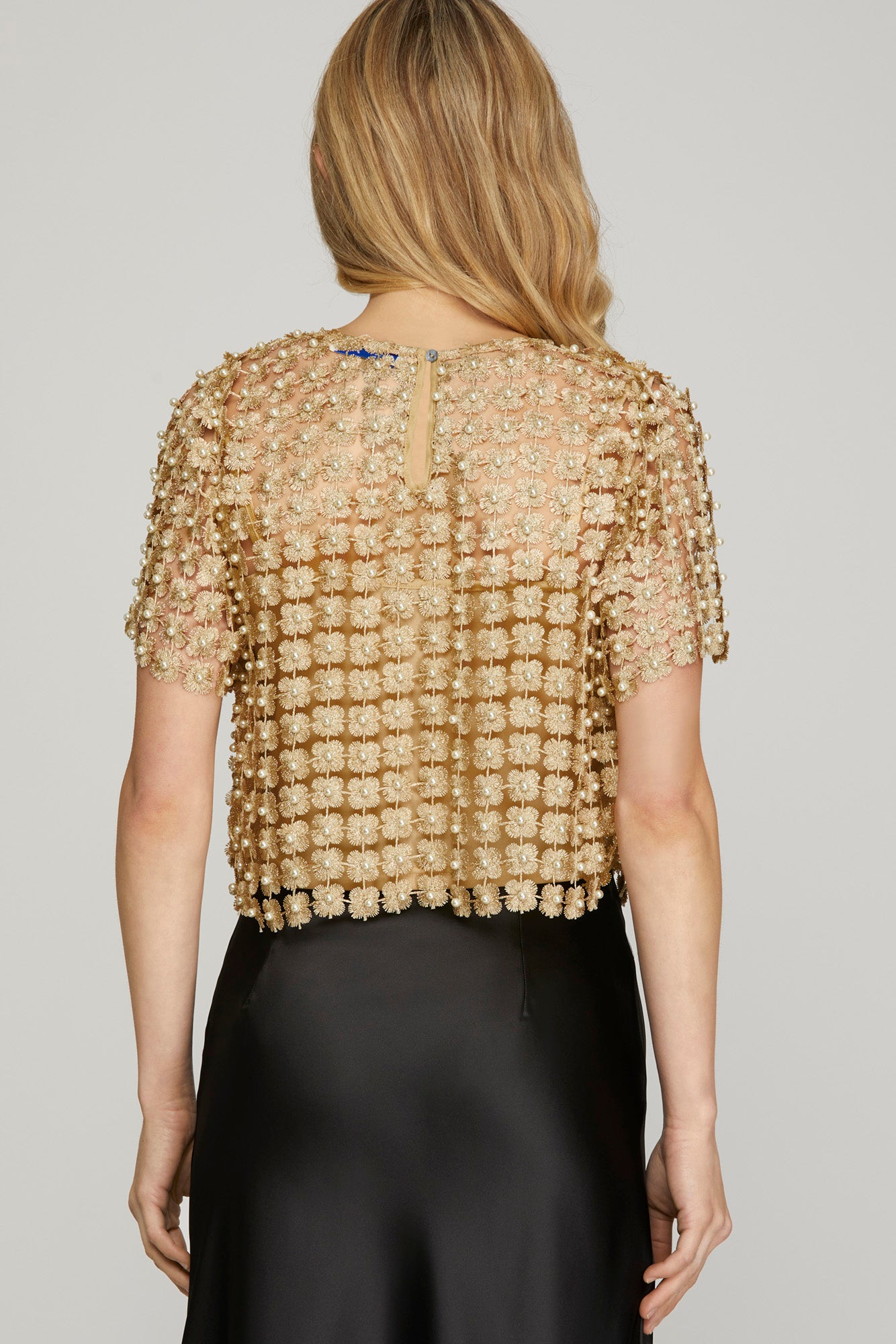 Crochet Pearl Beaded Top In Gold