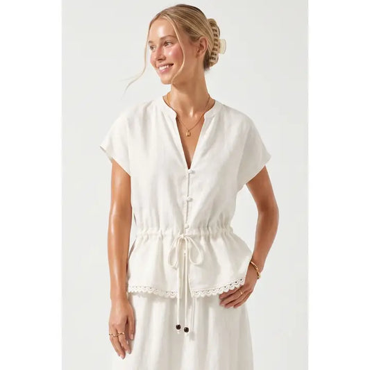 Scallop Hem Drawstring Linen Blouse In Off White