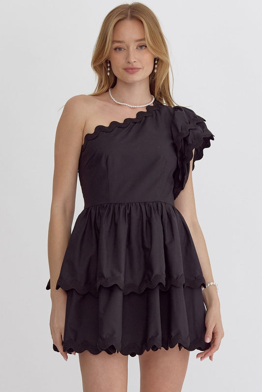 Scallop Trim One Shoulder Dress in Black