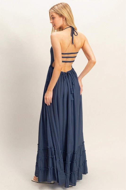 Smocked Halter Maxi Dress In Dark Navy
