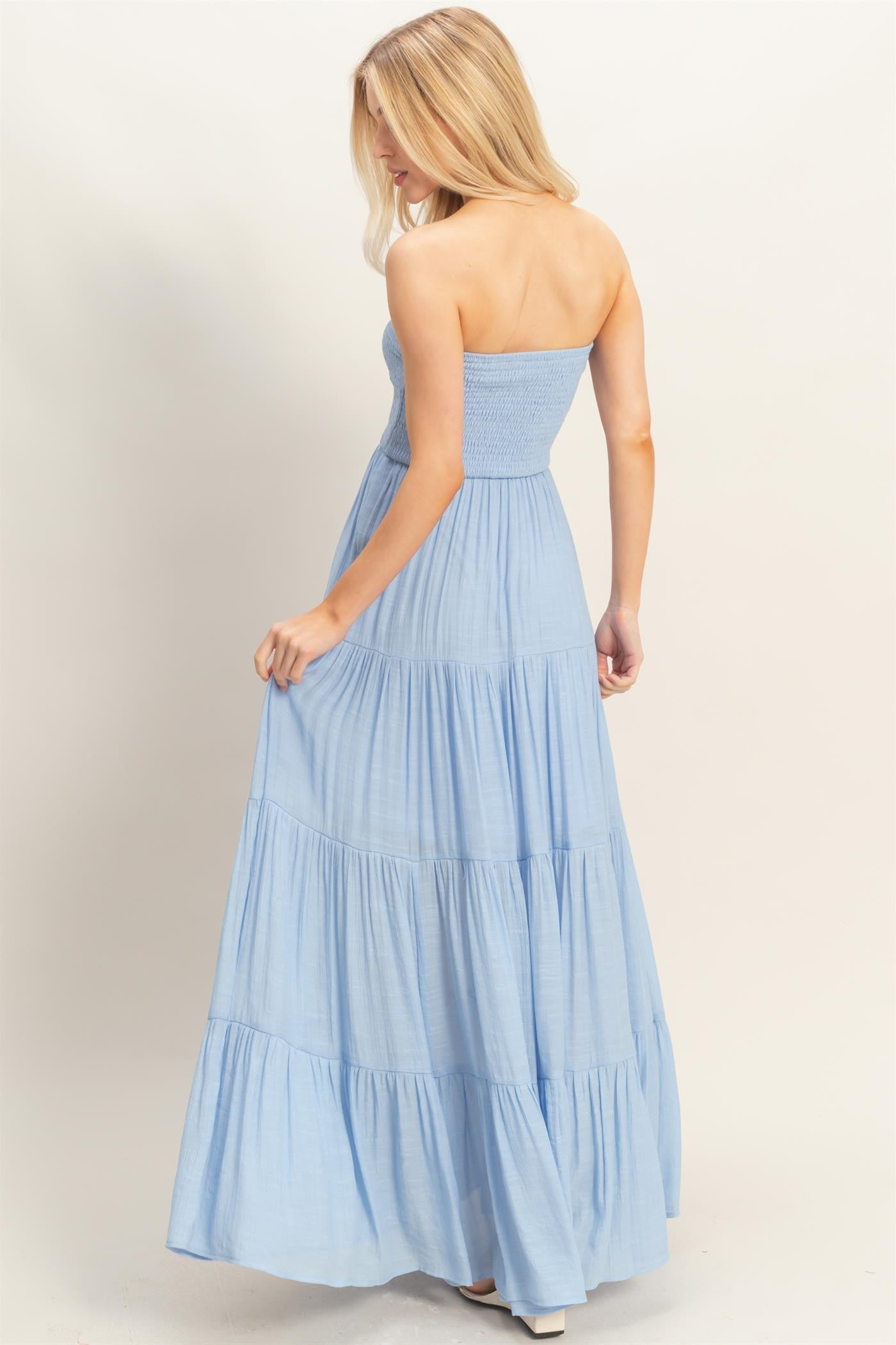 Smocked Elastic Neck Maxi Dress in Powder Blue