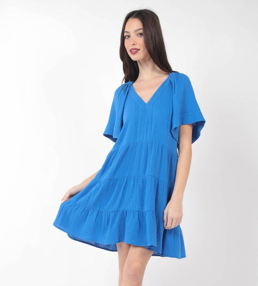 Solid Babydoll Tiered Dress in Blue
