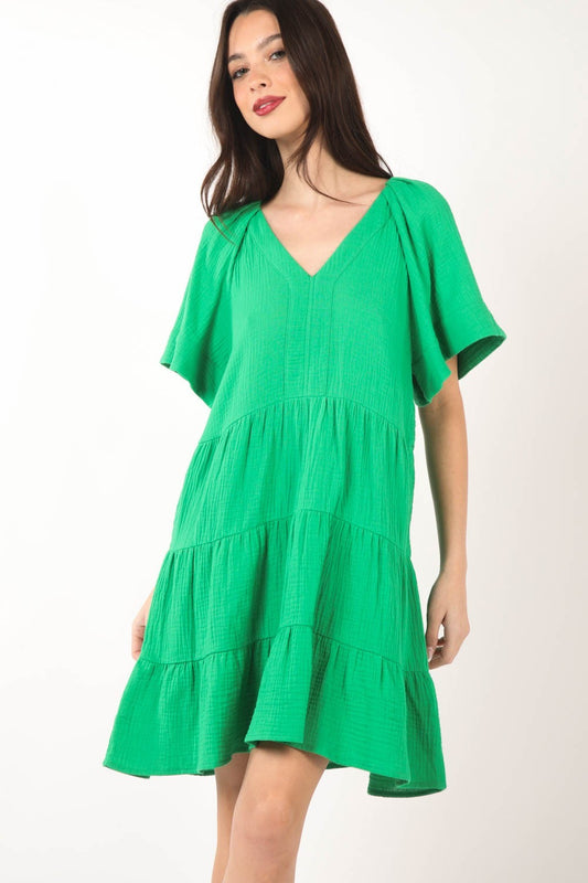 Solid Babydoll Tiered Dress in Green