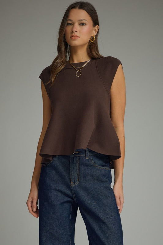 Solid Cap Sleeve Knit Top With Flared Hem In Brown