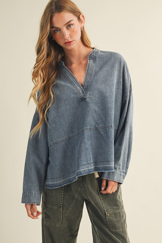 Split-Neck Frayed Edge Denim Blouse