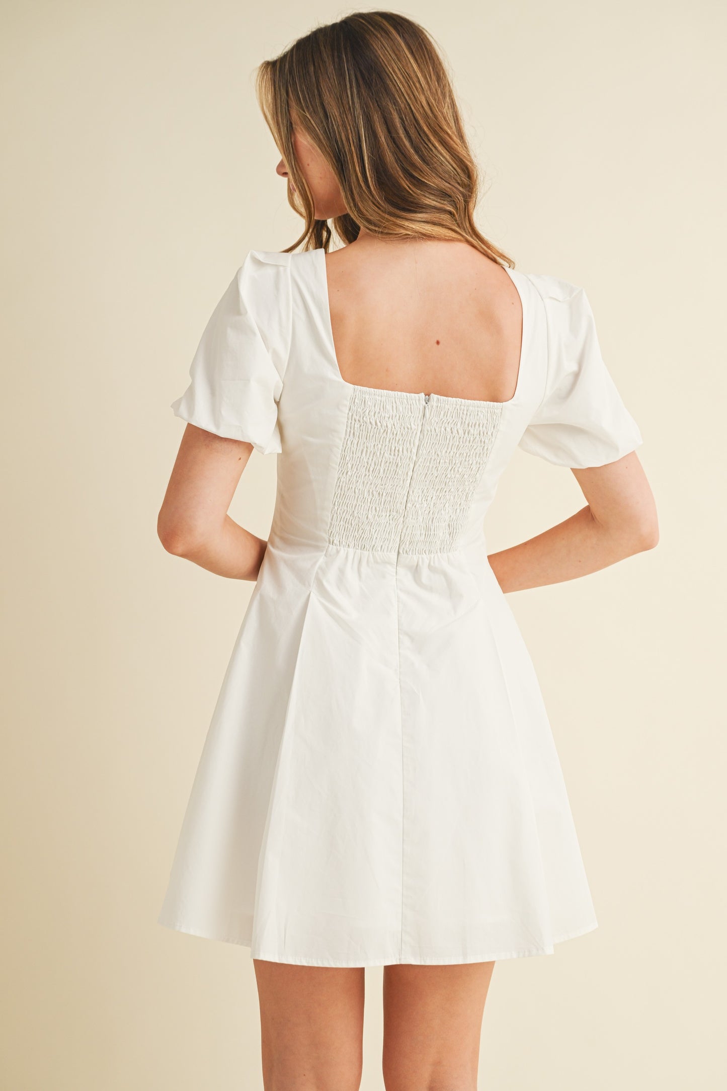 Square Neckline Short Puff Sleeves Mini Dress In White
