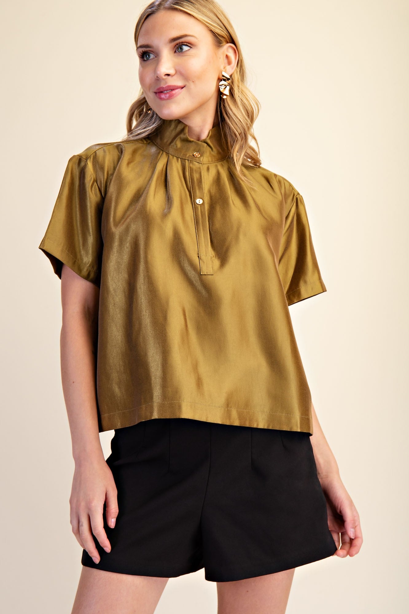 Stand Collar Button Glossy Shirt In Olive