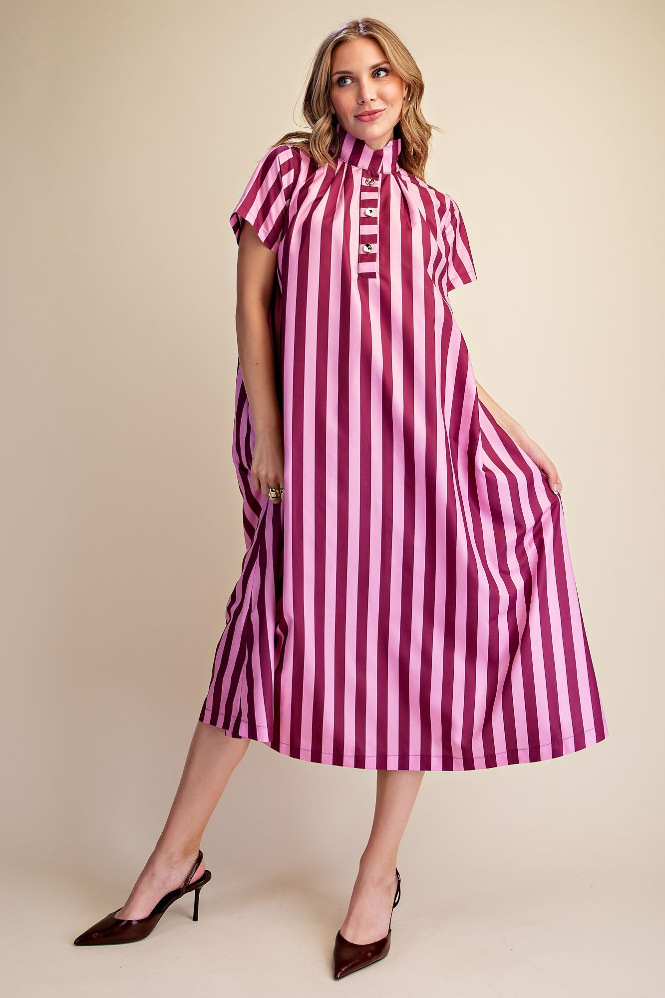 Standing Collar Stripe Midi Dress In Plum