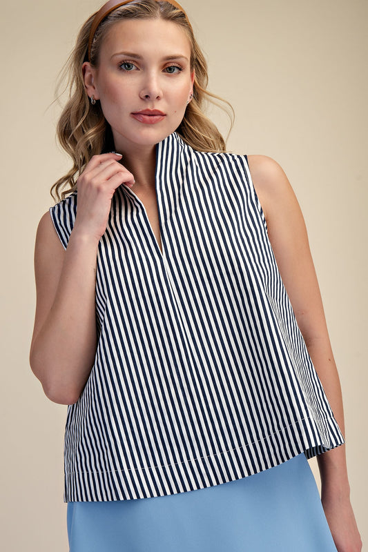 Standing Collar V-Neck Sleeveless Stripe Top