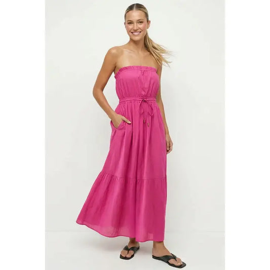 Strapless Drawstring Waist Maxi Dress In Hot Pink