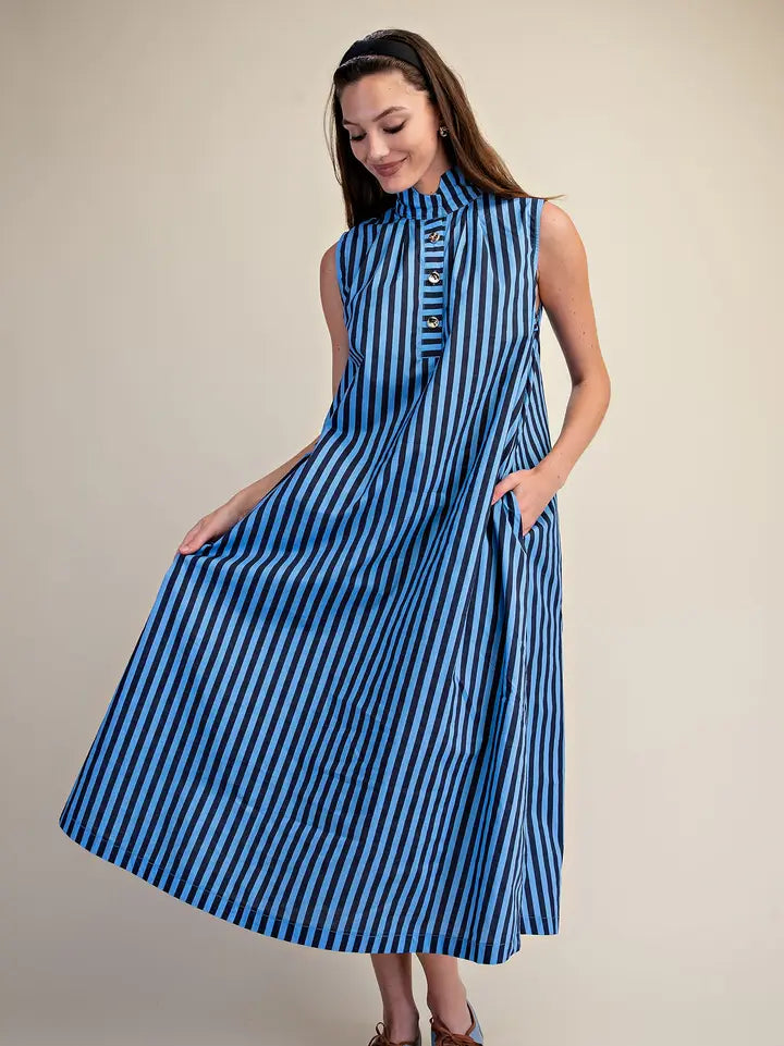 Stripe Mini Dress With Standing Collar In Navy