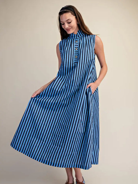 Stripe Mini Dress With Standing Collar In Navy