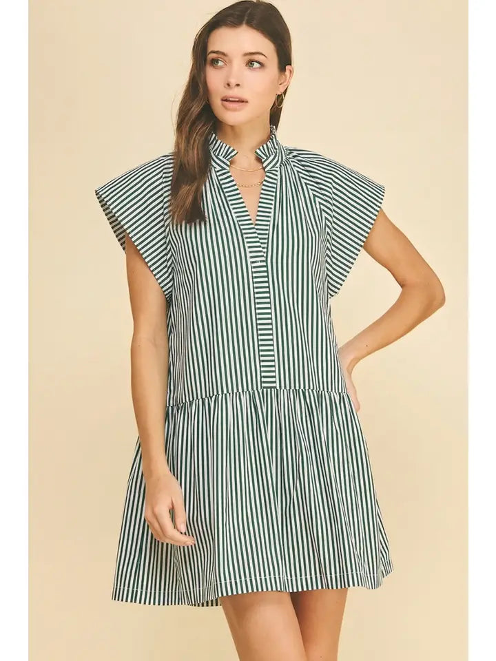 Stripe Ruffle Neck Tunic Mini Dress In Green