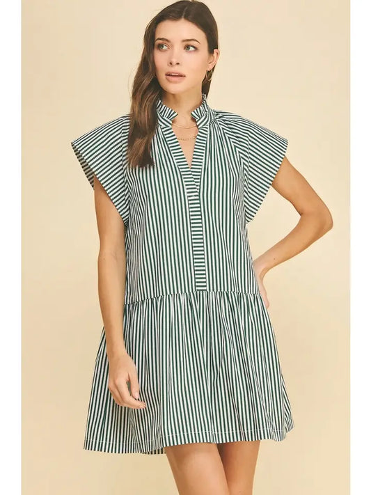 Stripe Ruffle Neck Tunic Mini Dress In Green