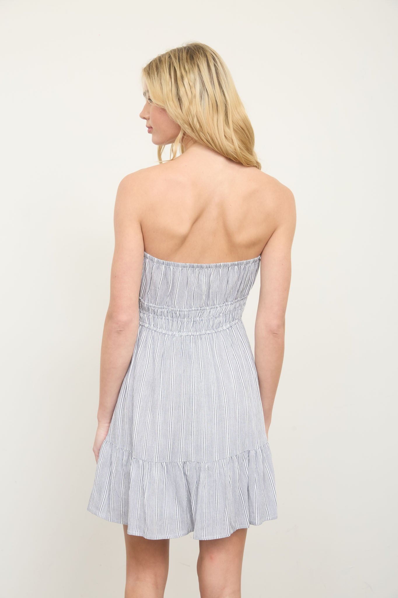 Stripe Strapless Front Tie Detail Mini Dress in Navy Stripe