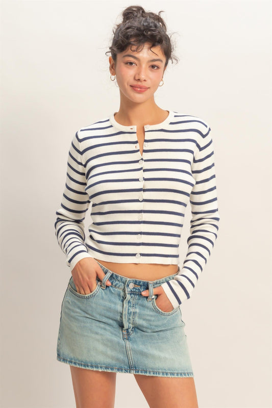 Striped Button Up Cardigan In Navy
