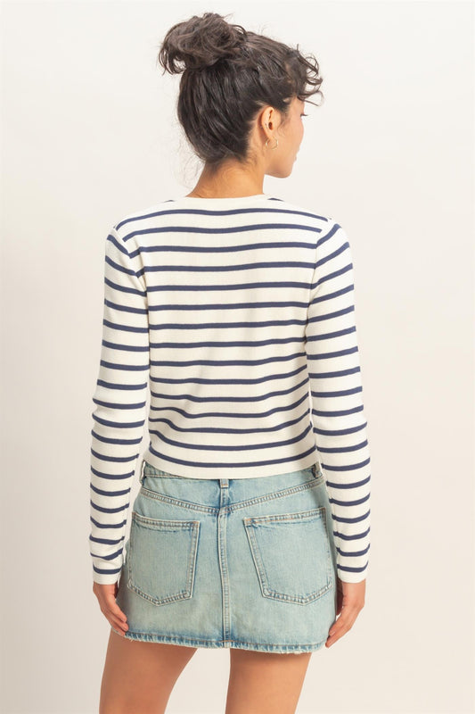 Striped Button Up Cardigan In Navy