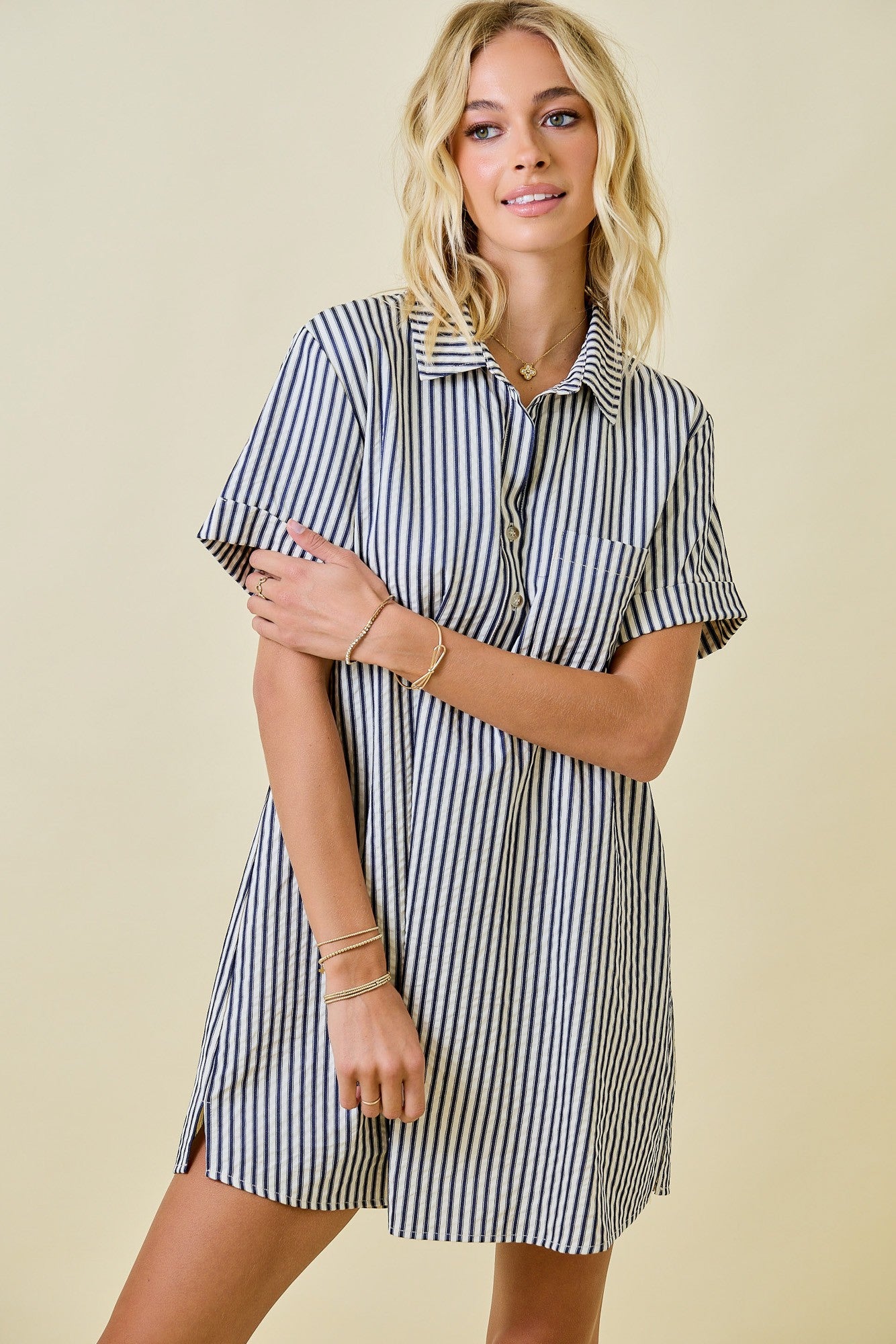 Striped Easy Mini Shirt Dress In Navy