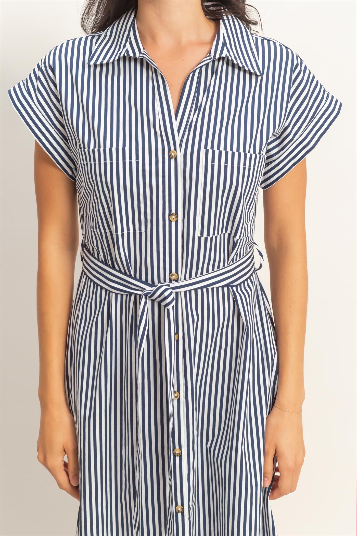 Striped Poplin Belted Shirt Dress With Pockets In Navy