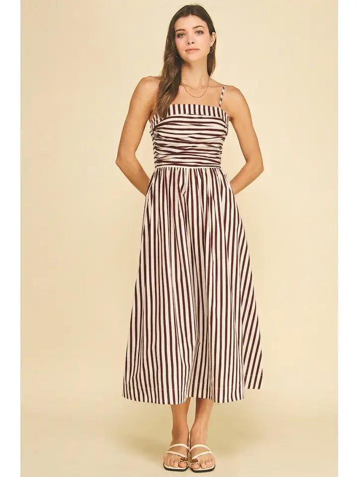 Striped Ruched Detail Midi Dress In Burgundy