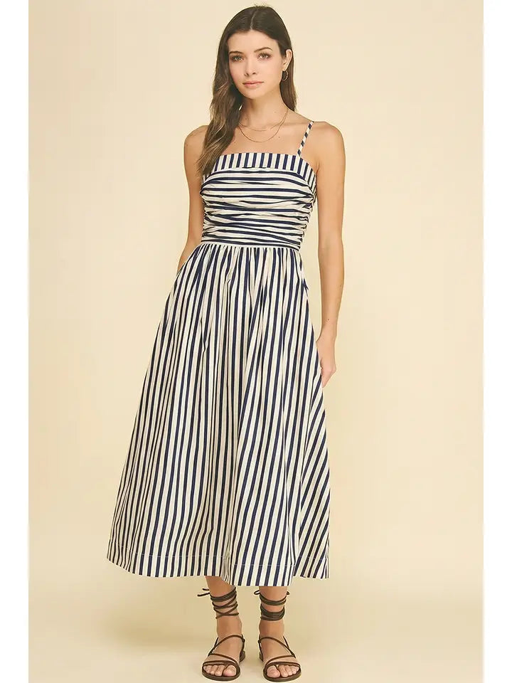 Striped Ruched Detail Midi Dress In Navy