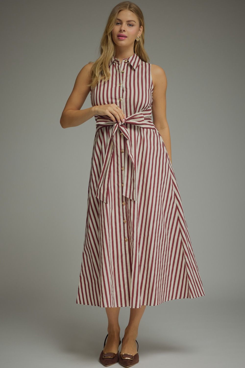 Striped Sleeveless Collared Midi Dress In Burgundy