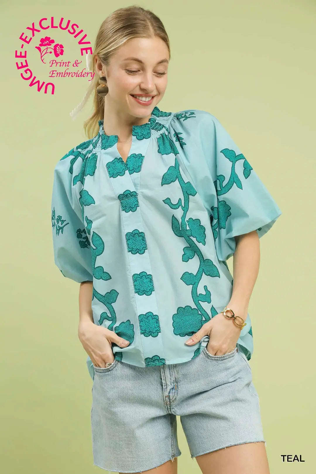 Teal Smocked Standing Collar Floral Puff Sleeve Top