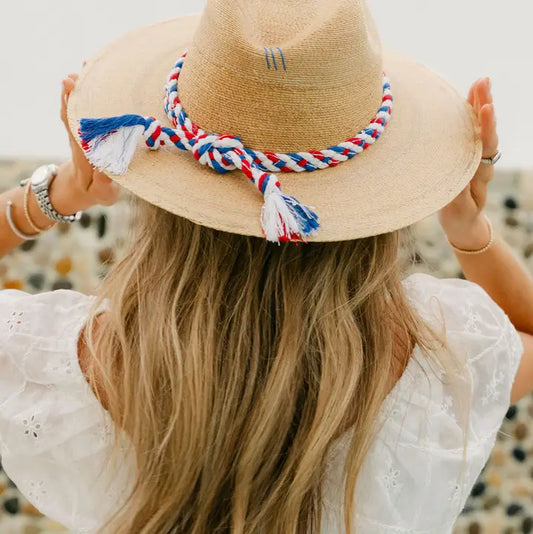 Tipsy Threads Natural Palm Hat In Patriotic Braid