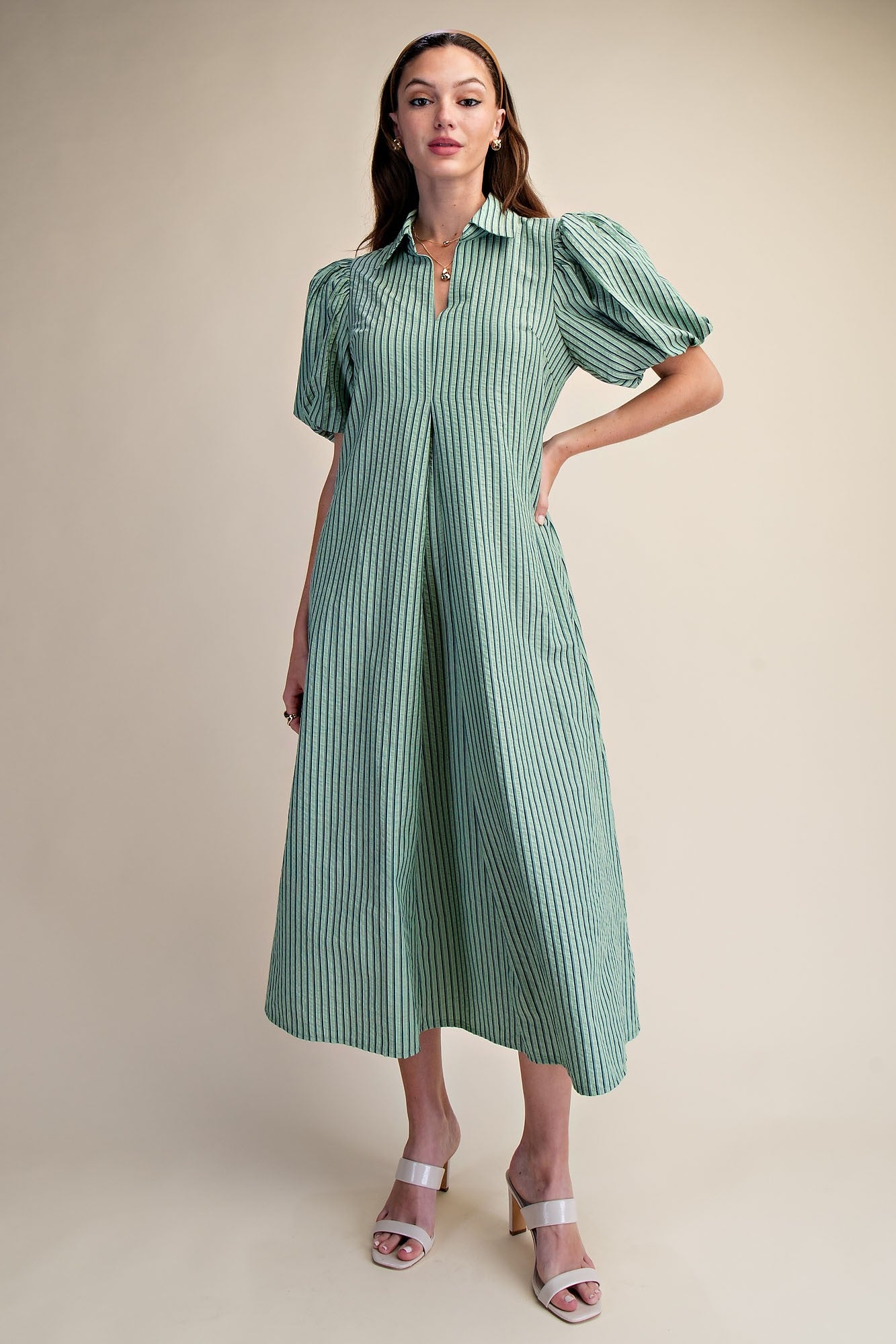 V-Neck Puff Sleeve Green Stripe Pleated Midi Dress