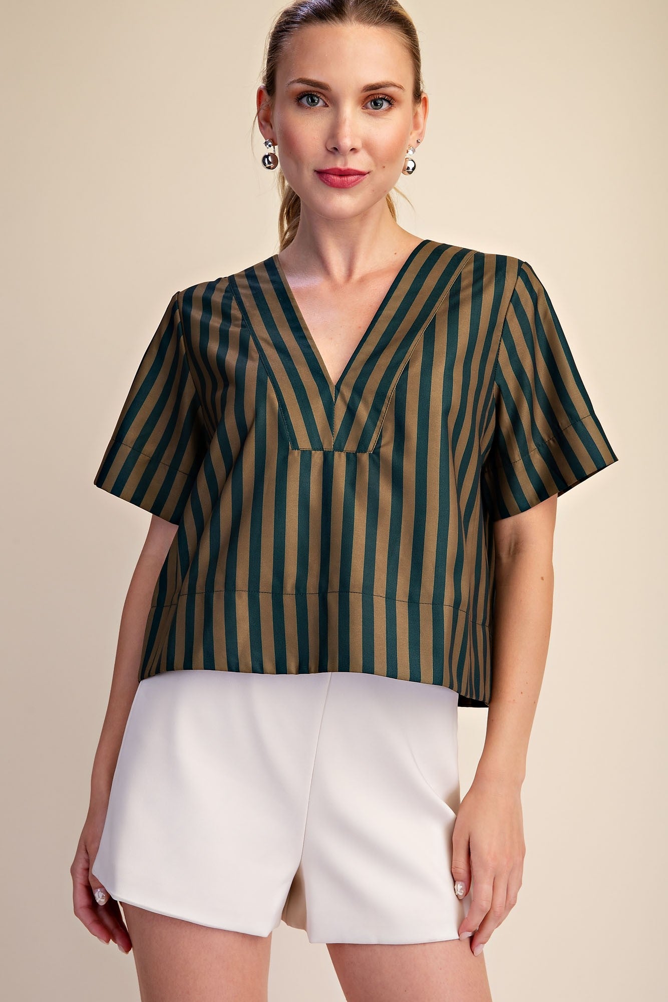 V-Neck Stripe Short Sleeve Top In Green & Olive