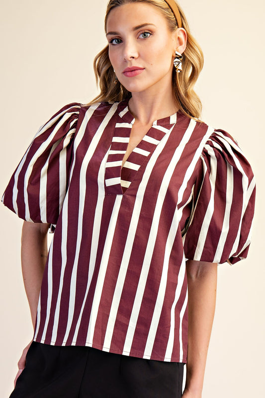 V-Neck Puff Sleeve Stripe Top In Burgundy
