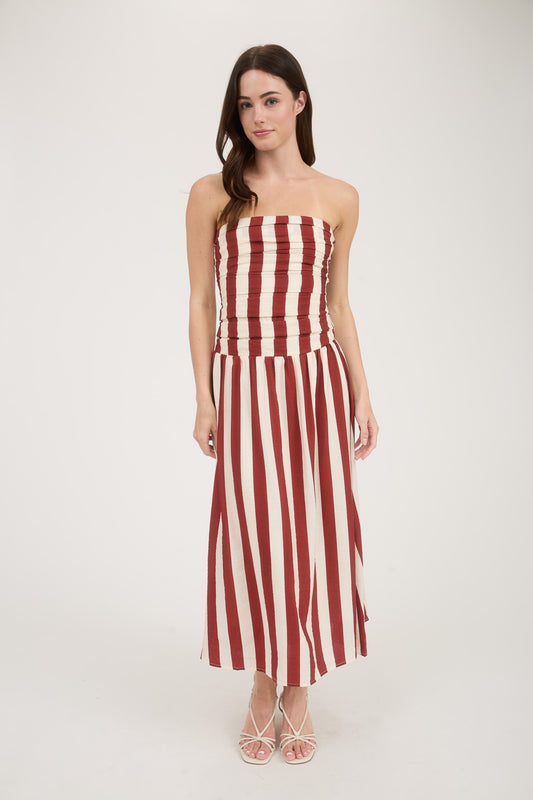 Vertical Stripe Strapless Midi Dress In Red