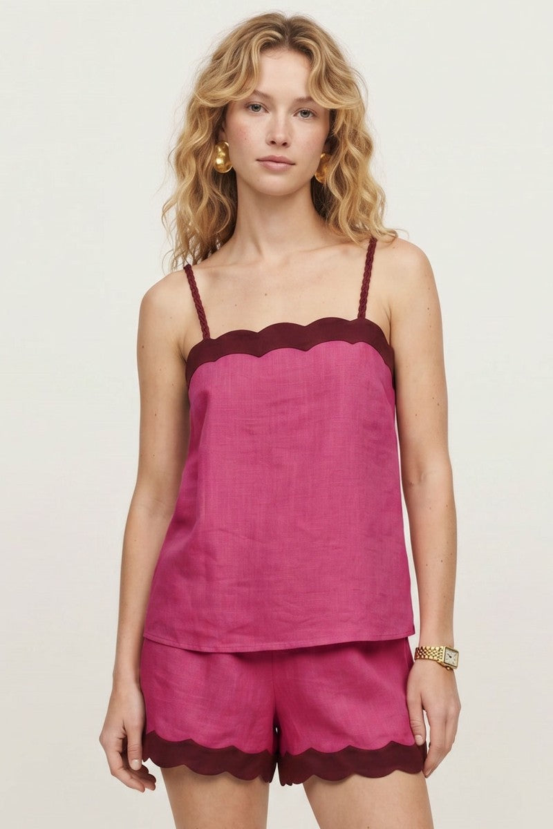 Wavy Linen Tank Top Set In Berry Pink