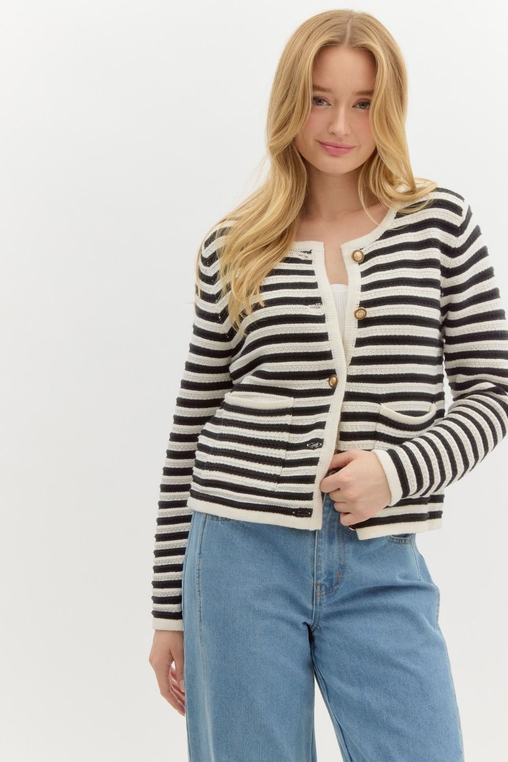 Black Stripe Knit Button Down Cardigan