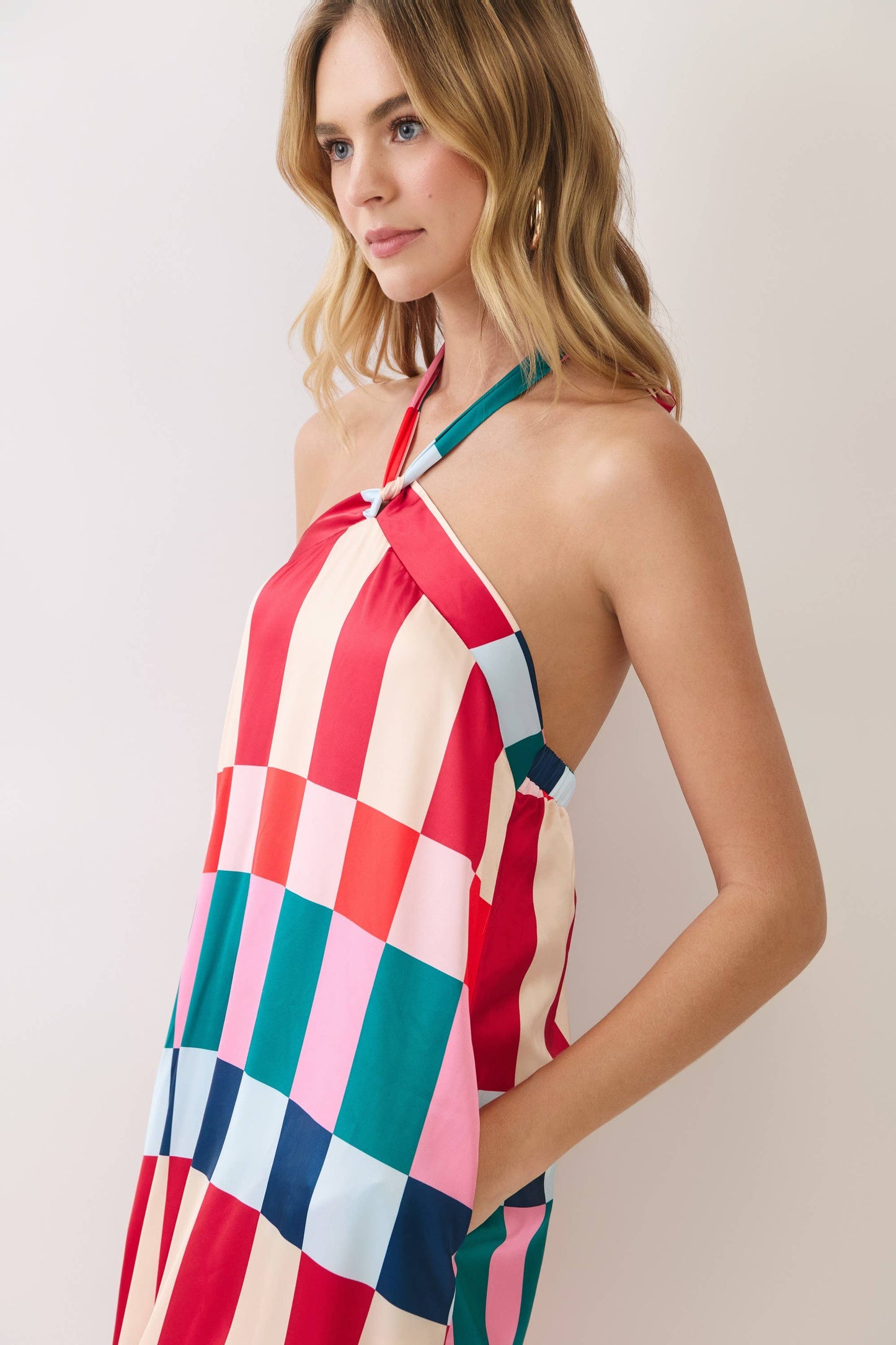 Colorblock Check Halter Maxi Dress