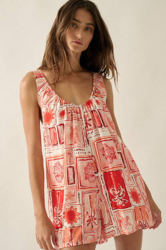 Tropical-Print Scoop-Neck Sleeveless Wide-Leg Pocket Romper