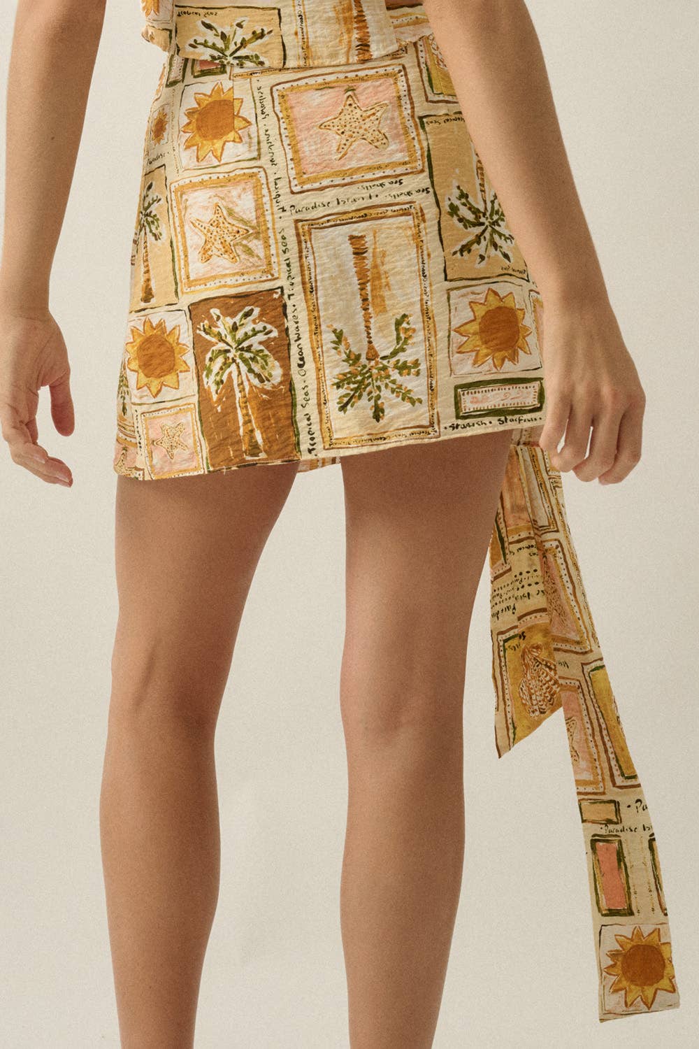 Tropical-Print Side-Tie Wrap Mini Skort