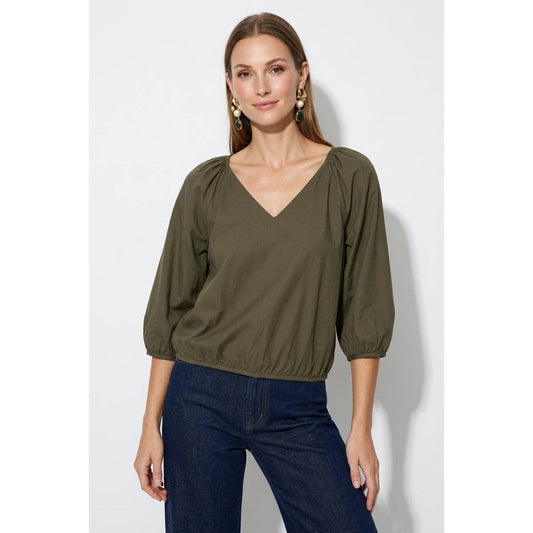 Elastic Puff Sleeve V-neck Blouse