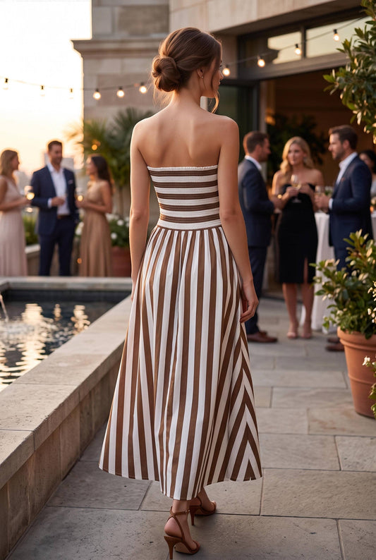 Stripe Ruche Strapless Maxi Dress