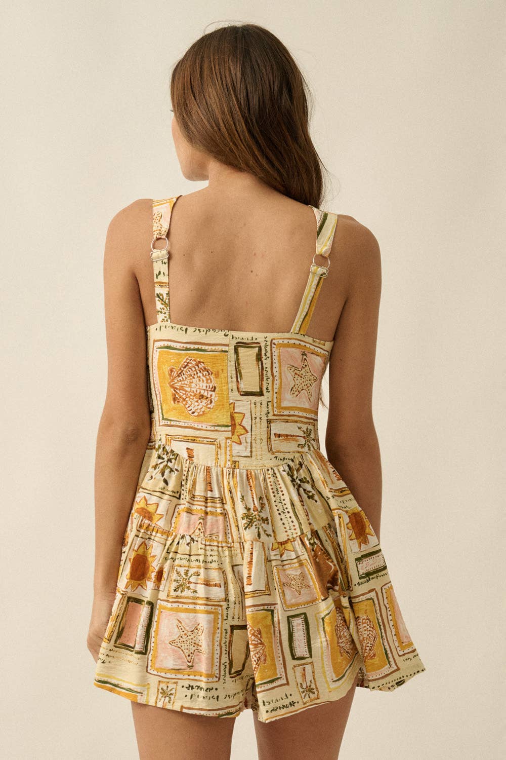 Tropical-Print Sleeveless Button-Front Tiered Ruffle Romper