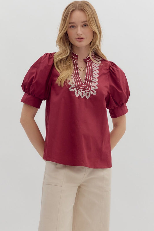 Cuff Band Puff Sleeve Top In Burgundy