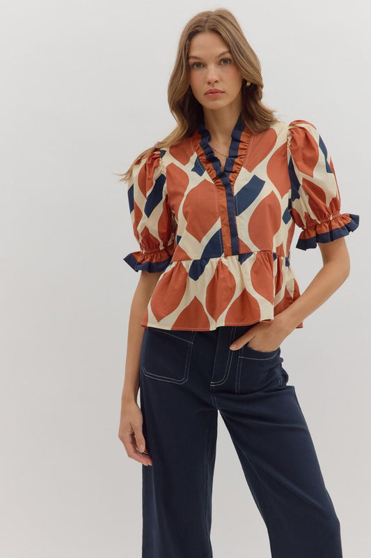 Abstract Puff Sleeve Peplum Top In Ecru/Rust