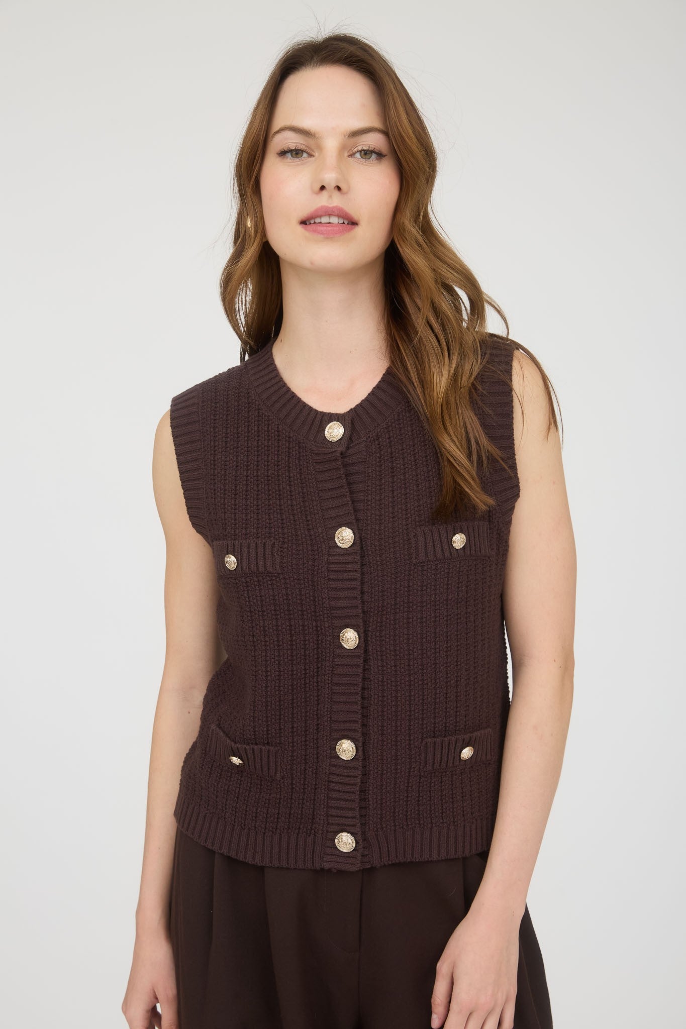 Gold Button Detail Knit Cardigan In Brown