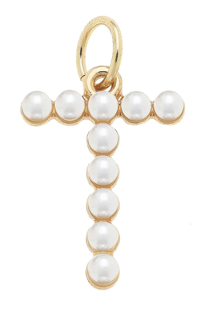 T Pearl-Studded Letter Charm in Ivory