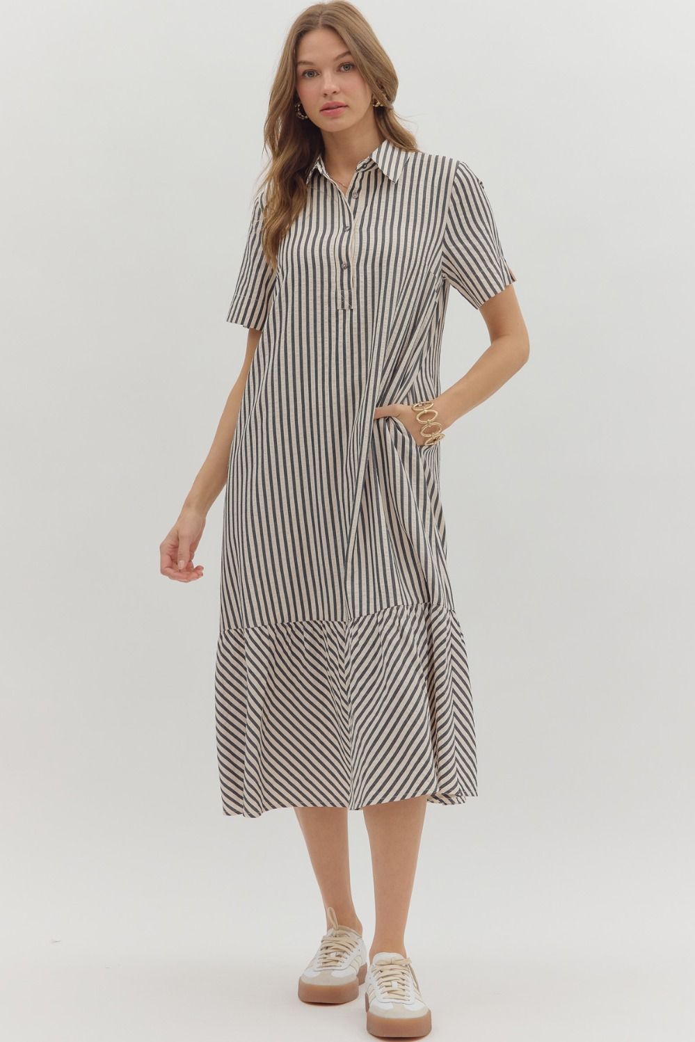 Stripe Pattern Seersucker Midi In Black
