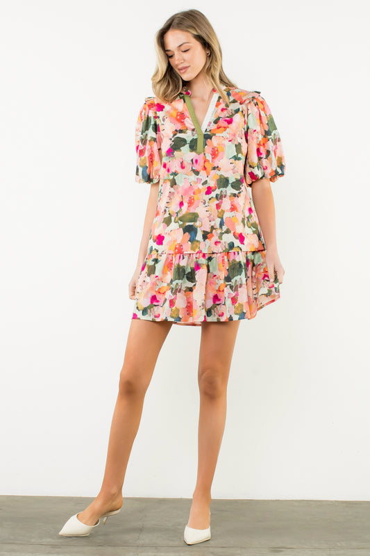 Watercolor Puff Sleeve Mini Dress