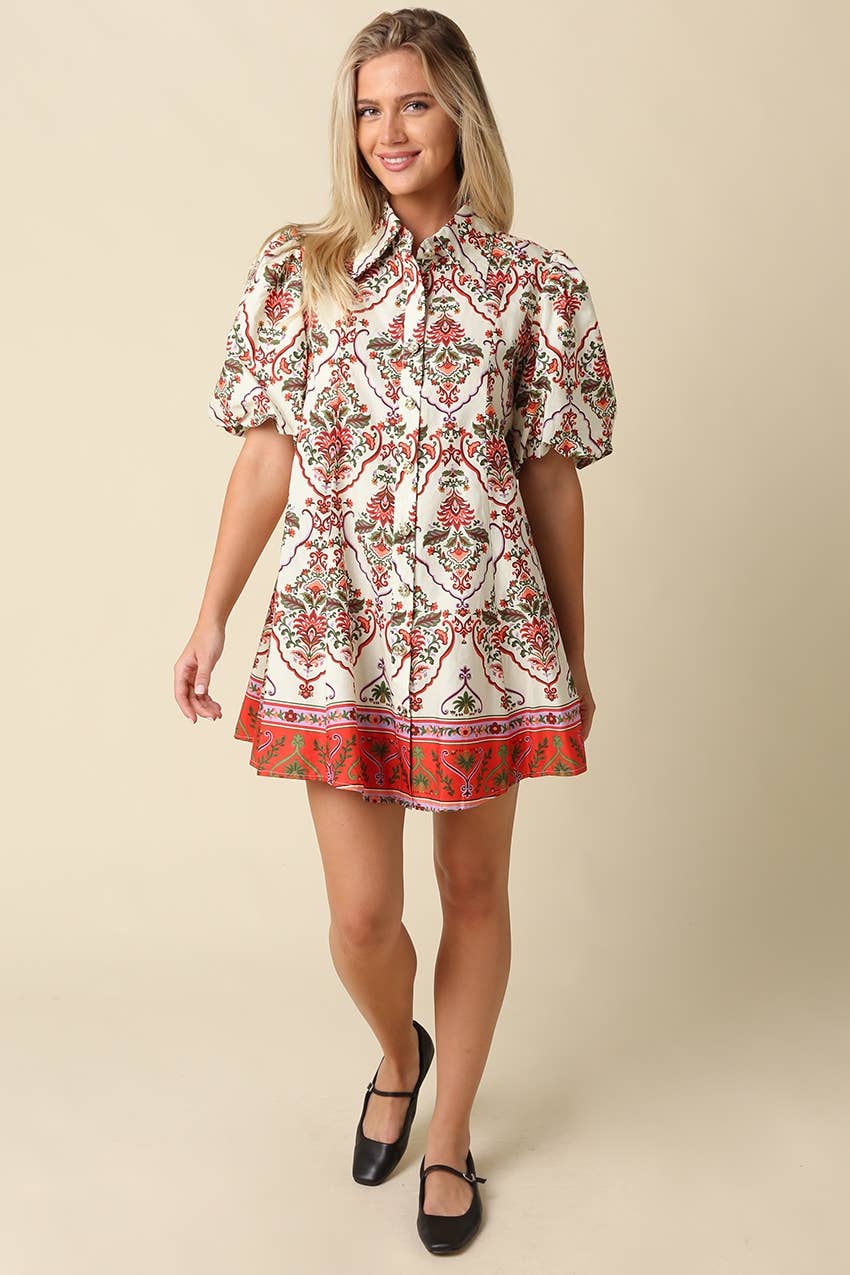 Mary Print Puff Sleeve Mini Dress