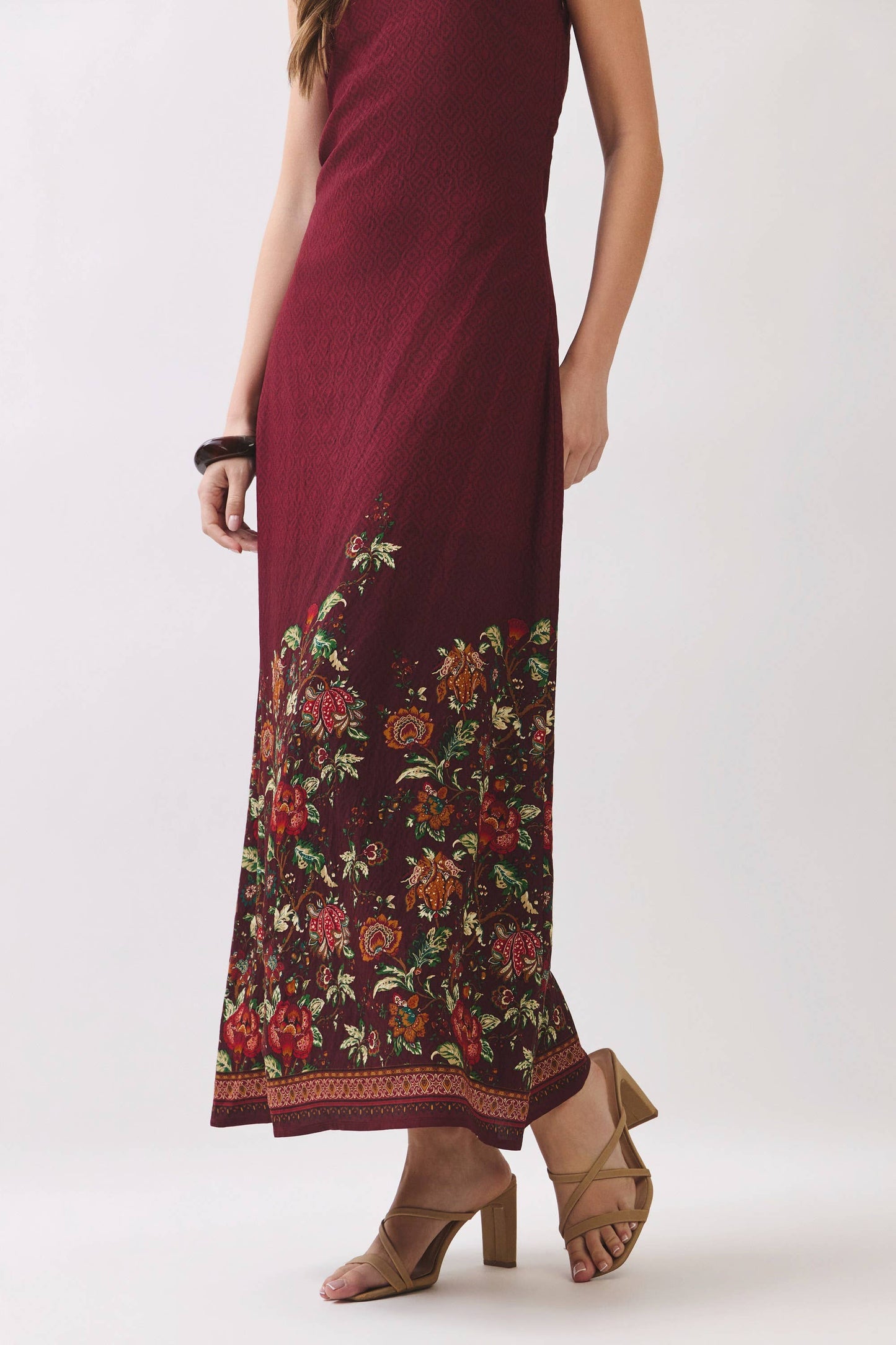 Border Floral Strapless Maxi Dress In Crimson