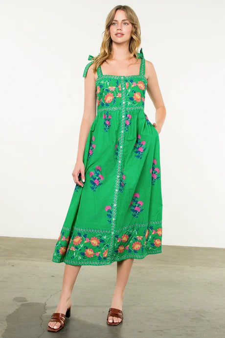 Countryside Charm Floral Midi Dress In Green