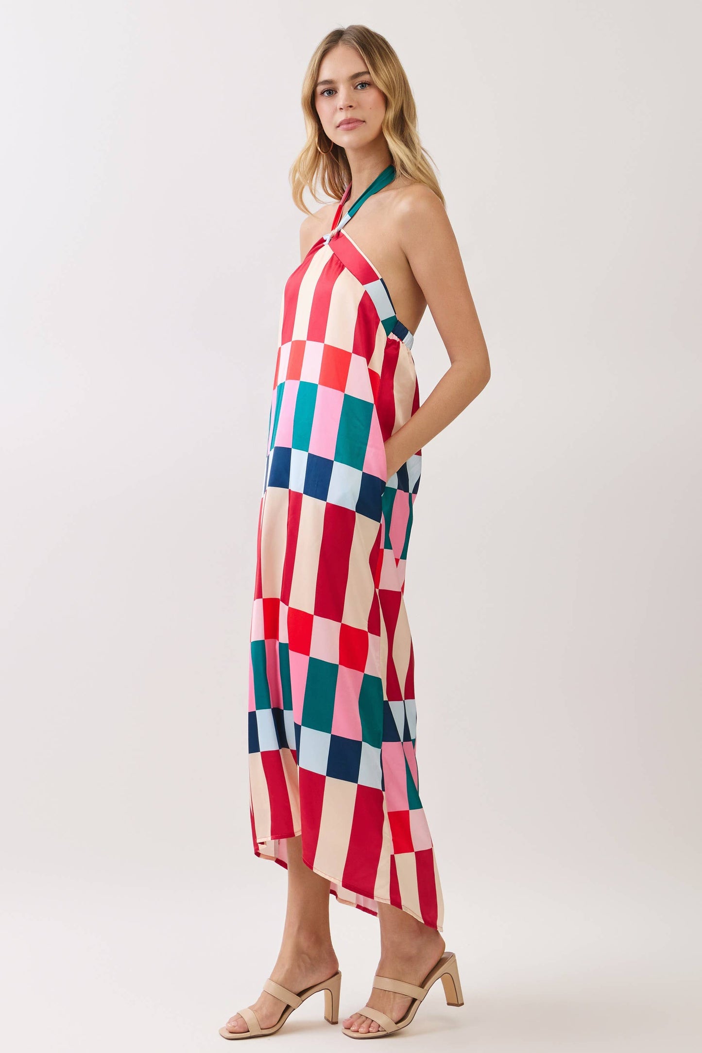 Colorblock Check Halter Maxi Dress